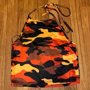 orange camo cropped top with open back